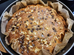 Baked banana walnut chocolate chip cake fresh out of the oven