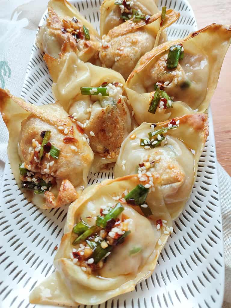 Chicken & Shrimp Potstickers on a decorative rectangle plate