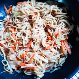 Stir fried Yakisoba in a wok pan