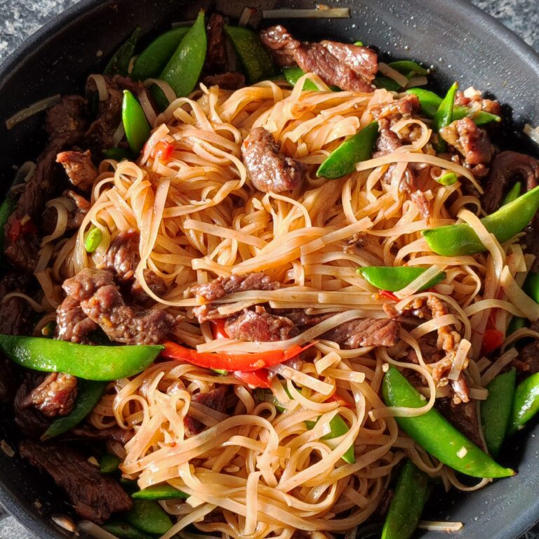 One Pan Stir Fry Beef Noodles in a pan