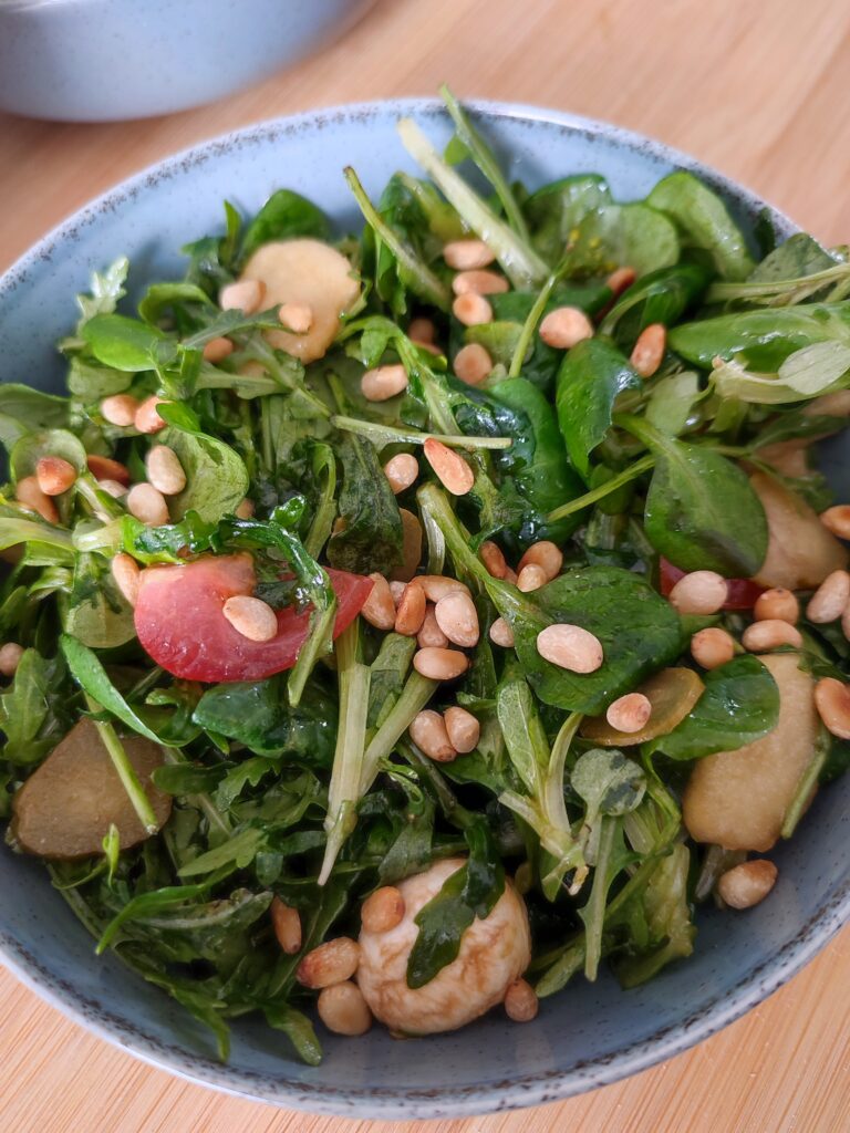 B roll 1 The Everything Salad in a small blue bowl on the working surface