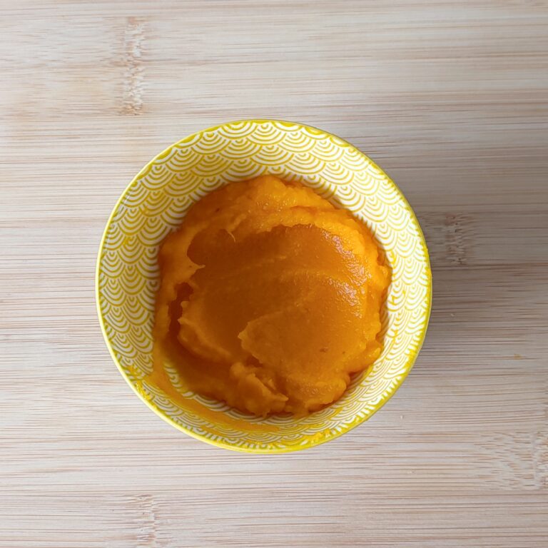 Pureed pumpkin the small yellow patterned bowl