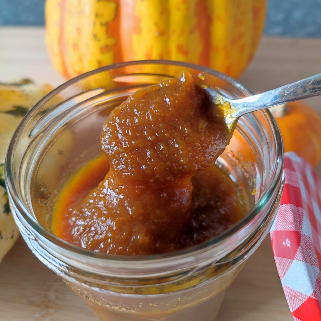 B roll 2: A spoon of Pumpkin Spice Syrup in a small confiture jar with its red and white checkered patterned lid resting on the side vertically and three decorative pumpkins in the background