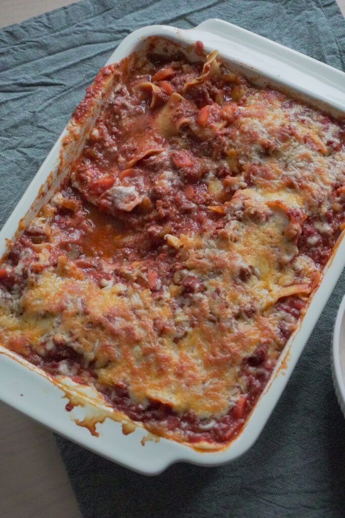 Deconstructed Lasagna in a white casserole dish