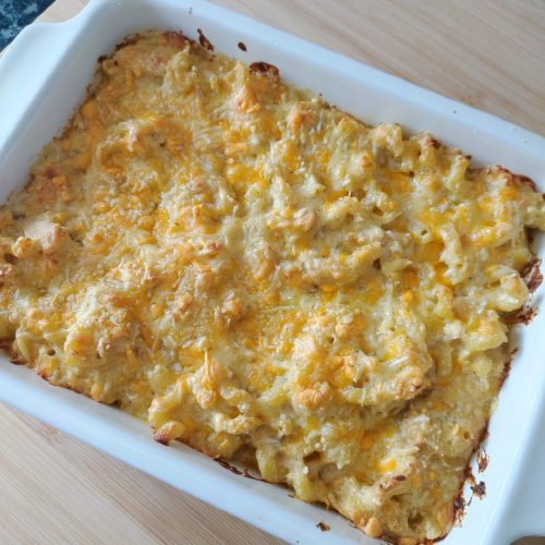 Baked Mac and Cheese in a casserole dish ready to be served