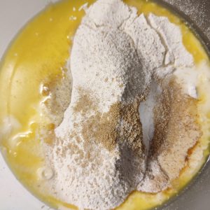 Clafoutis batter (before whisking) in a mixing bowl