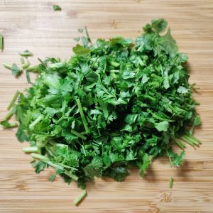 Chopped cilantro on a working surface