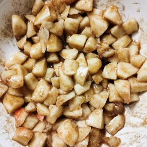 Peach mixture (after mixing) in a mixing bowl