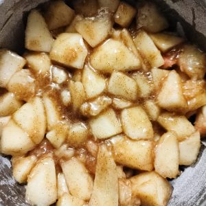 Peach mixture in the baking pan (before layering)