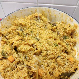 Vegetable Biryani (cooked) finished cooking in a Dutch oven